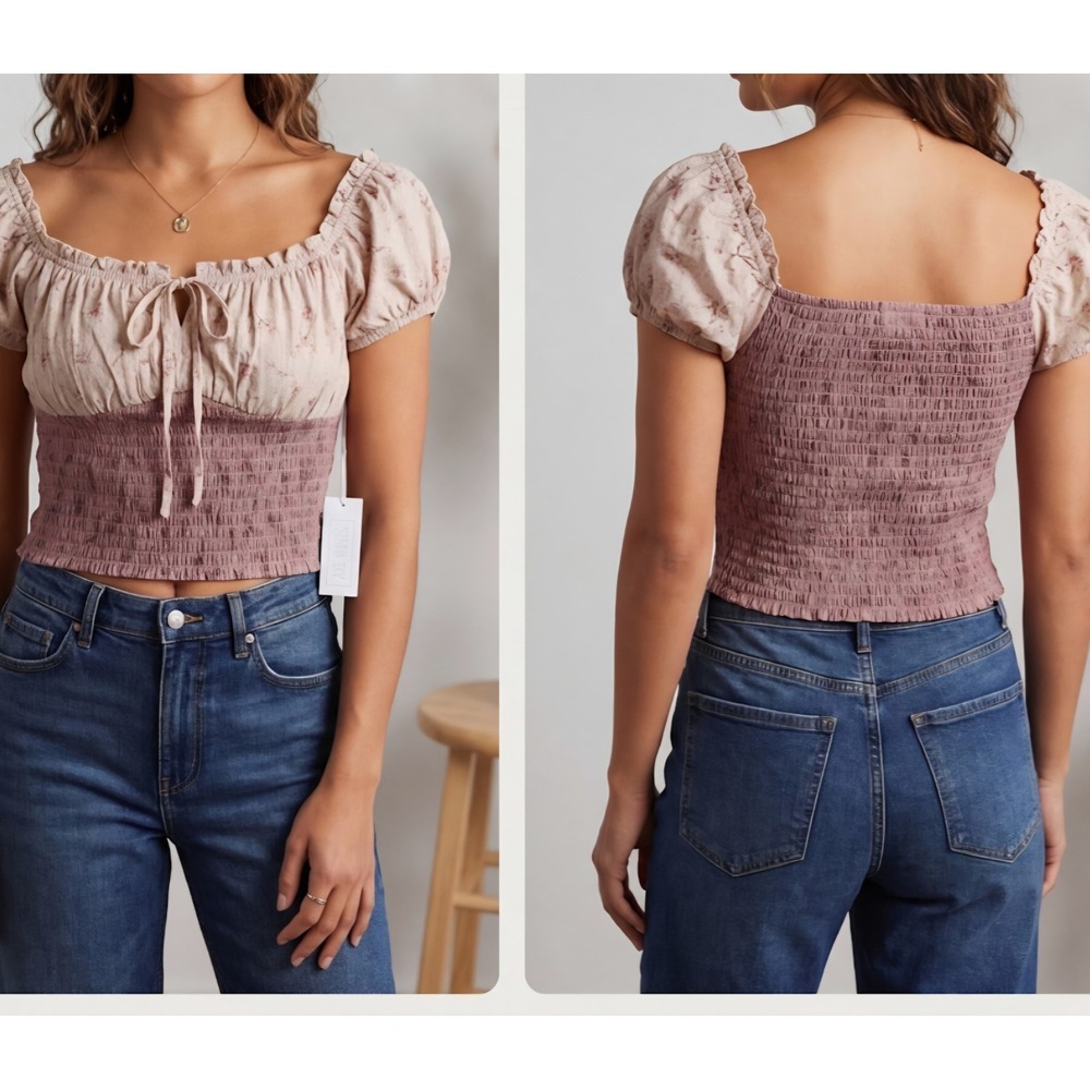 Sienna Sky floral print crop blouse featuring a smocked waist and ruffled Sz‎ L